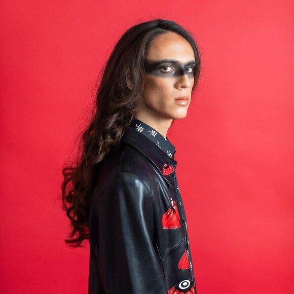 Hand-Painted Upcycled Unique Leather Jacket, "Shroomy," SPARK + REBEL - Size XL - Picture 3 of 11